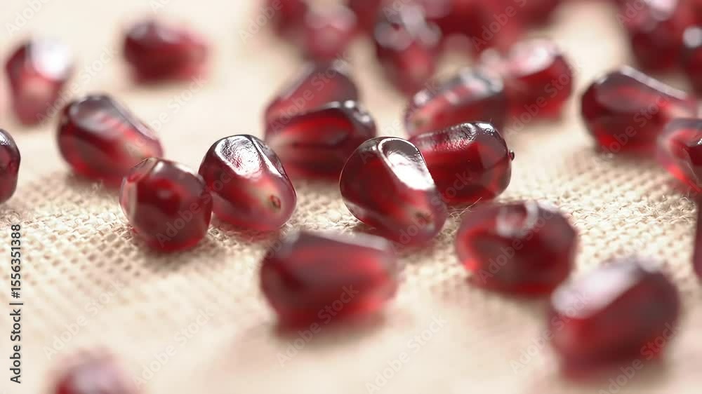 Juicy pomegranate seeds on burlap, close-up shot, blurred background, food photography