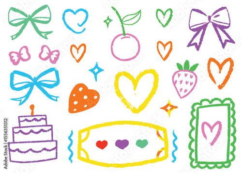 A charming vector illustration set features various cute birthday party elements, including a sweet cake with fruit and heart decorations, along with cupcakes, candies, and flowers