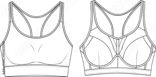 Women’s sports bra technical flat sketch, front and back view, racerback activewear, supportive design, CAD drawing, fashion vector illustration, fitness garment template