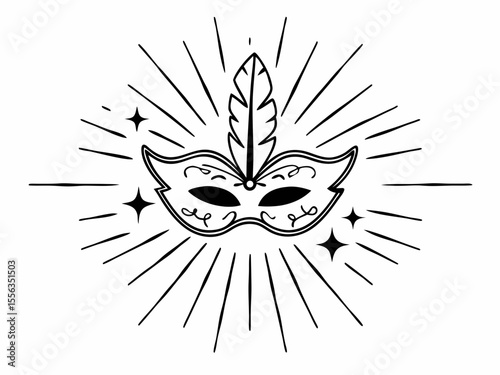 Stylish Festive Mask With Decorative Feather Crown Styliz Line Art Design