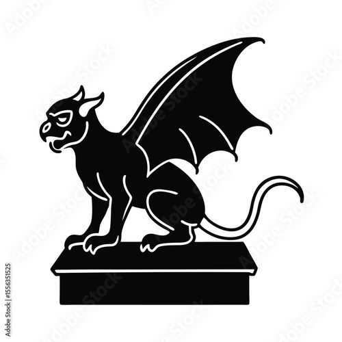 Detailed illustration of a mythical gargoyle perched majestically on a gothic architectural rooftop under a dramatic sky