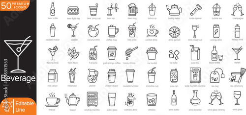 50 Vector Icons of Beverages – Clean Minimal Line Icons of Drinks, Cups, Bottles, Mixers, and Barware for UI Apps, Menus, Infographics, Café Branding, or Stock Vector Use