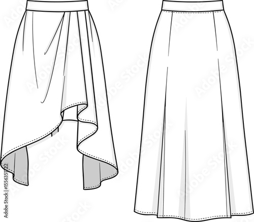 Asymmetrical skirt fashion flat sketch, front and back technical view, flared hem design, women’s garment CAD drawing, vector template, sewing pattern illustration
