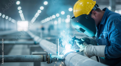Male welder wearing protective gear is welding a metal pipe in a factory. Industrial worker at gas pipeline maintenance.