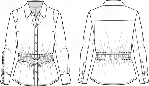 Long sleeve shirt technical fashion sketch, front and back view, drawstring waist, button-up blouse design, CAD illustration, flat vector template, digital garment layout