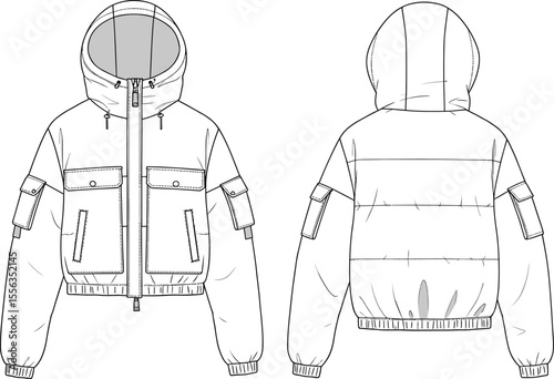 Hooded bomber jacket front and back, cad drawing flat vector illustration, technical fashion sketch, multi-pocket outerwear design with ribbed cuffs
