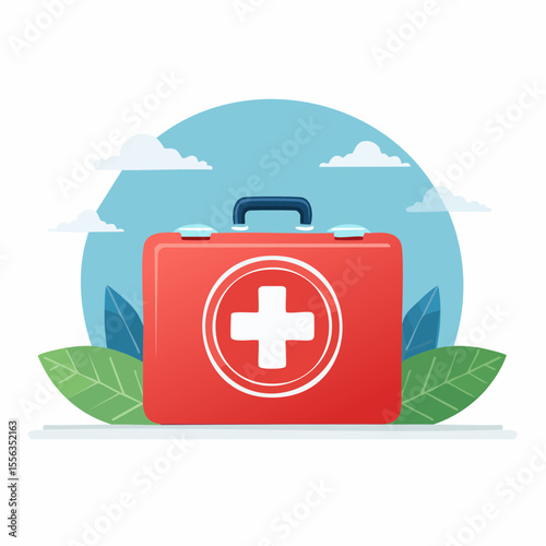 Red First Aid Kit Illustration with Green Leaves and Blue Sky Background
