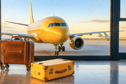 Suitcases and Airplane Viewed Through Airport Window at Sunrise