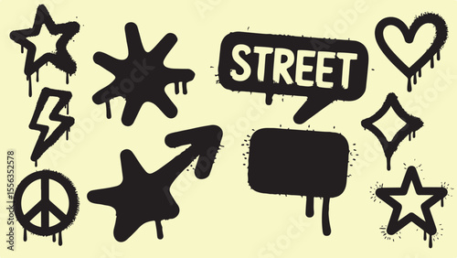 Set of vector elements in street art style with black aerosol effect