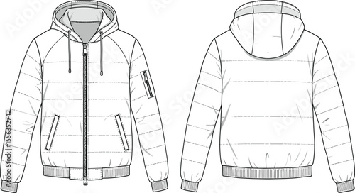 Hooded jacket with sleeve pocket front and back, cad drawing flat vector illustration, ribbed cuff hem, fashion garment technical sketch