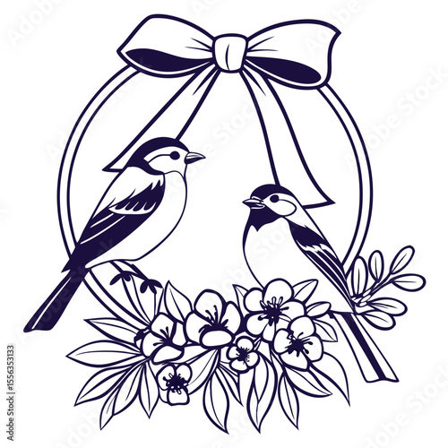 Charming illustration of two cute birds perched on a floral branch with a decorative bow above