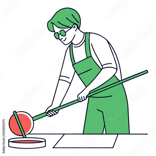 Artisan meticulously shaping molten glass with a long metal rod demonstrating craftsmanship