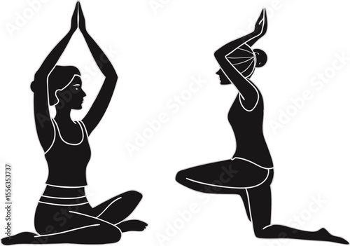 Two black silhouettes of women in yoga poses isolated on white background