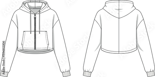 Hooded sweatshirt with kangaroo pocket front and back, cad drawing flat vector illustration, zipper closure, drawstring hood, casual fashion sketch