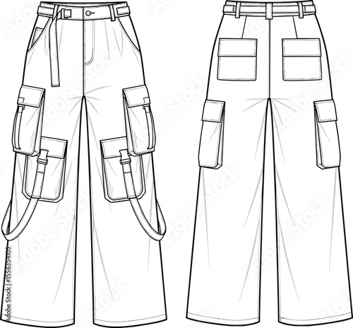 Utility cargo pants technical flat sketch, multi-pocket streetwear design, front and back view, wide-leg silhouette, belt loops, cad drawing, vector illustration