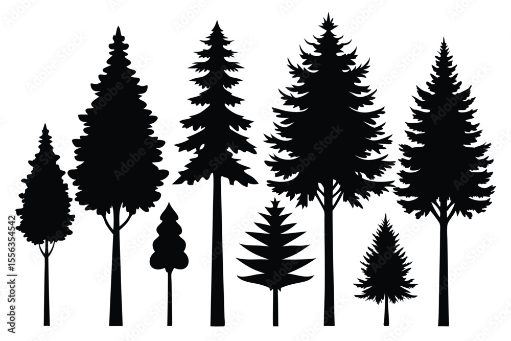 Fototapeta premium Collection of silhouettes of evergreen trees in a forest