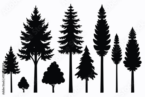 Collection of silhouettes various evergreen and deciduous trees