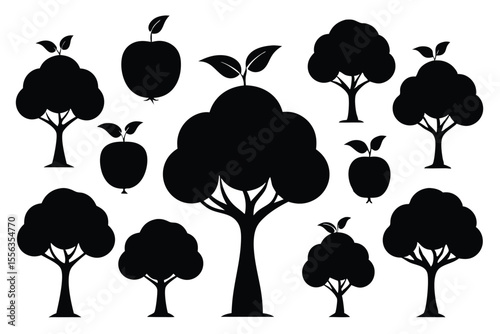 Black silhouettes of apple trees and apples isolated on white