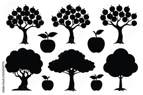 Black silhouettes of apple trees and apples isolated on white