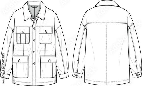 Utility jacket fashion flat sketch with multiple pockets, button front, long sleeve detail, technical garment illustration, outerwear vector template, professional design drawing