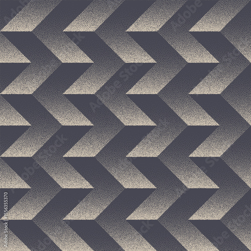 Endless repeating vector background with dot work texture and dynamic zigzag chevron shapes. Modern geometric pattern with stipple halftone effect. Stylish and bold design loopable graphic abstraction