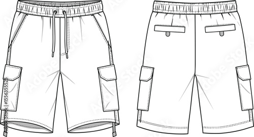 Men’s cargo shorts front and back, cad drawing flat vector illustration, elastic waist design, technical fashion sketch with flap pockets