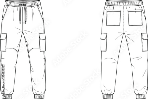 Men’s cargo jogger pants front and back, cad drawing flat vector illustration, elastic hem, seam detail, utility pocket sketch