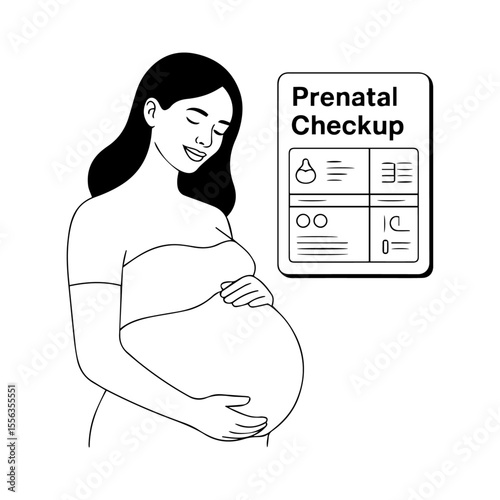 Happy pregnant woman holding her belly next to a prenatal checkup document isolated on transparent background