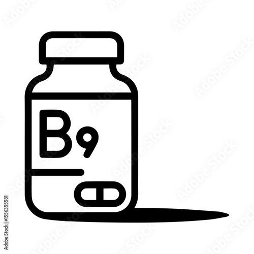 Simple line art icon of vitamin b9 supplement bottle isolated on transparent background