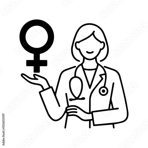 Female doctor presenting the female gender symbol with a stethoscope isolated on transparent background