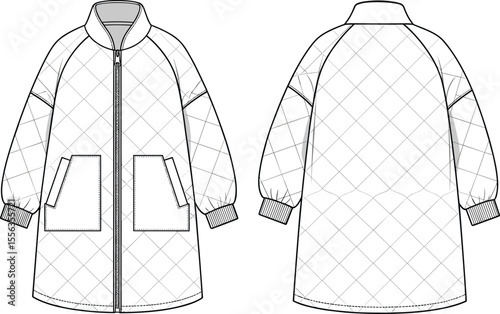 Quilted long jacket front and back view, flat fashion technical sketch, rib cuff outerwear with pockets, coat vector template, cad design, apparel illustration