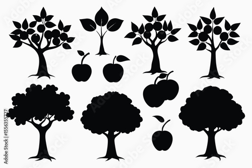 Black silhouettes of apple trees and apples isolated on white