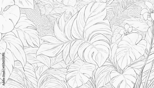 Coloring page of lush tropical leaves pattern
