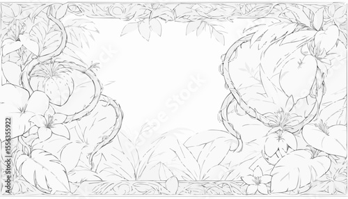 Coloring page of a tropical frame with detailed vines and flowers, copy space
