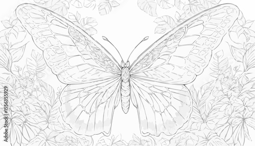 Coloring page of a beautiful butterfly surrounded by flowers
