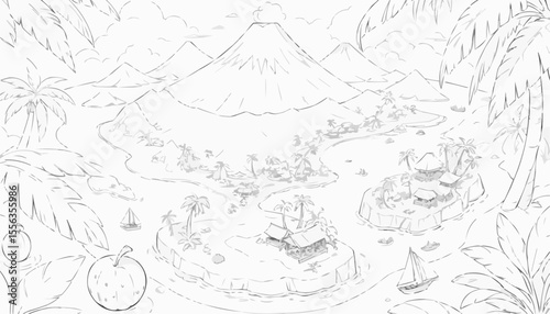 Coloring page of a tropical island with a volcano, boats, and palm trees
