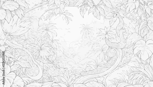 Coloring page of a jungle illustration with tropical plants and animals, 