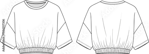 Elastic hem crop t-shirt flat sketch, short sleeve relaxed top design, casual women's fashion front and back technical CAD vector apparel illustration template