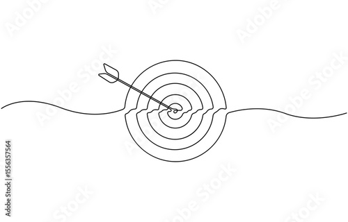 Target with an arrow hitting the center, one continuous line illustration. Continuous line drawing of archery target with arrow, Archery sport exercise with target board concept. Vector Illustration.