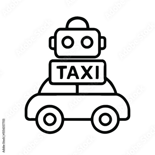 Robot taxi vehicle graphic with robot on top and text signage  