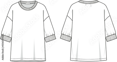 Oversized t-shirt technical flat sketch, half sleeve with ribbed cuff detail, casual fashion apparel template, front and back CAD vector drawing illustration design