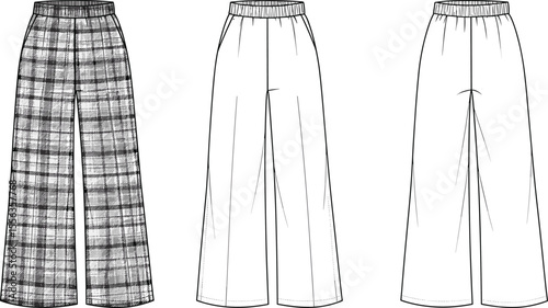 Men’s plaid pants front and back, cad drawing flat vector illustration, trouser seam comparison, fashion sketch, technical garment template