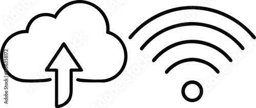 Cloud upload icon with wireless signal waves and wi fi symbol