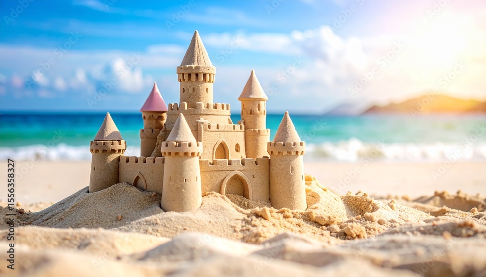 Fototapeta premium castillo de arena en primer plano, erigido sobre una playa de arena clara y fina. El castillo tiene varias torres, algunas con tejados puntiagudos de color rosa pastel