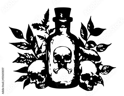 Gothic Skull and Poison Bottle Illustration Dark Fantasy Art