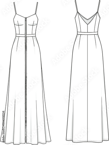 Long spaghetti strap dress fashion sketch, front and back technical view, elegant women's maxi dress flat template, vector fashion CAD design illustration