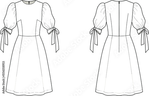 Puff sleeve tie-cuff dress front and back, cad drawing flat vector illustration, princess seam bodice, A-line silhouette, zipper back detail