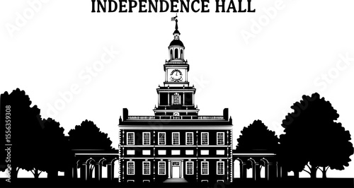 Independence Hall Silhouette with Trees – Historic American Landmark Vector for Patriotic Designs
