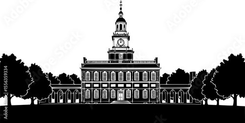 Independence Hall Silhouette with Trees – Historic American Landmark Vector for Patriotic Designs
