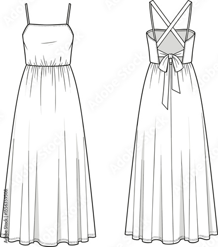 Elegant long maxi dress flat sketch, front and back view, fashion technical drawing, sleeveless design, cross back strap detail, tied waist, vector illustration